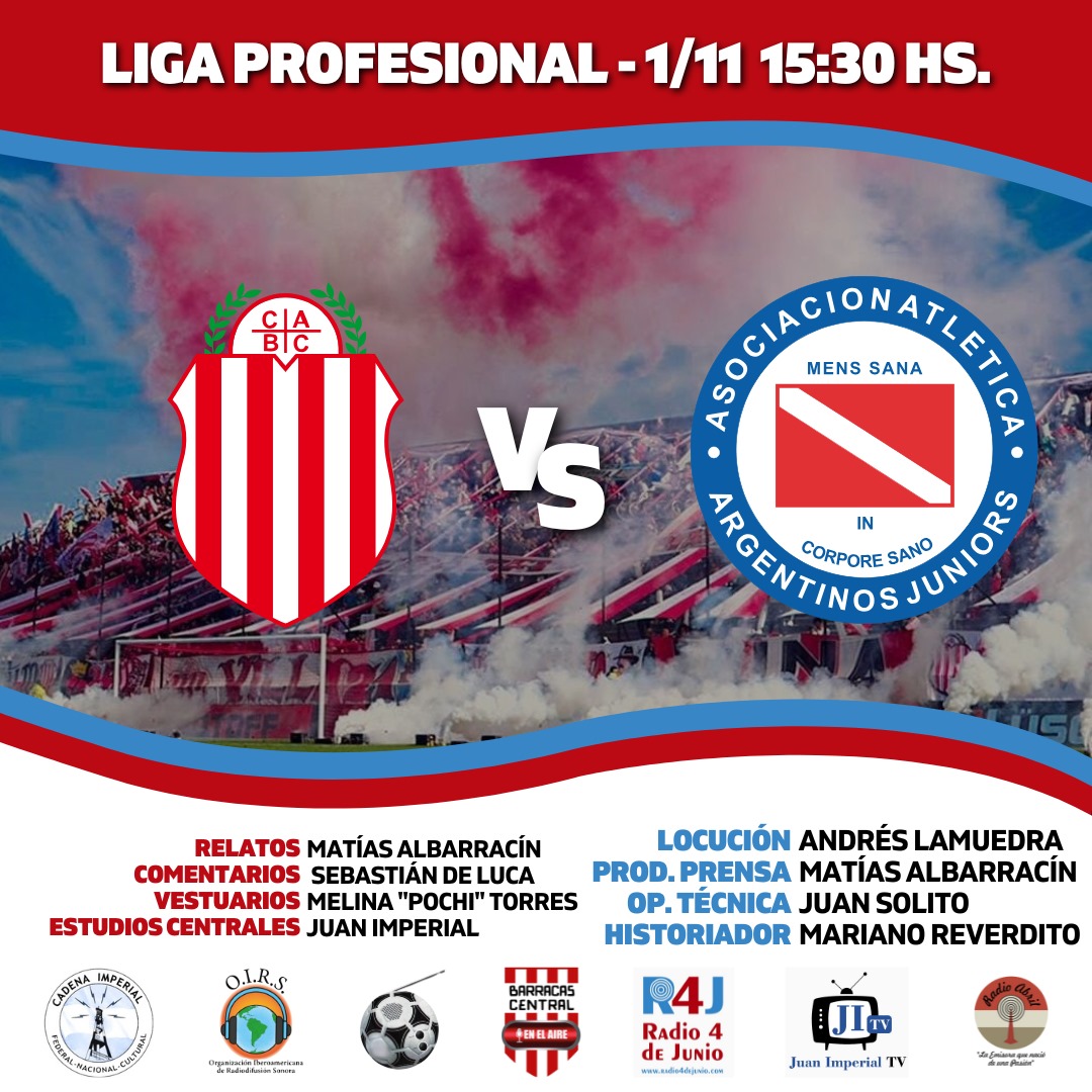 📌 @fpdelosarg - @barracasaire
⏰ 15:30
⚽️ <a href="/barracascentral/">Club Atlético Barracas Central</a> 🆚 <a href="/AAAJoficial/">Argentinos Juniors</a> 
🏆 <a href="/LigaAFA/">Liga Profesional de Fútbol</a>
🗣️ <a href="/MatoAlbarracin/">Matías Albarracín 🇦🇷</a>
🎙️ Sebastian De Luca
🎤 "Meli" Torres
📻 <a href="/radio4dejunio/">R4j Radio 4 de Junio</a>, <a href="/juanimperialtv/">Juan Imperial TV</a>, @CadenaImperial y <a href="/oirsarg/">O.I.R.S.</a>
💻 radio4dejunio.com - youtube.com/@JuanImperialtv