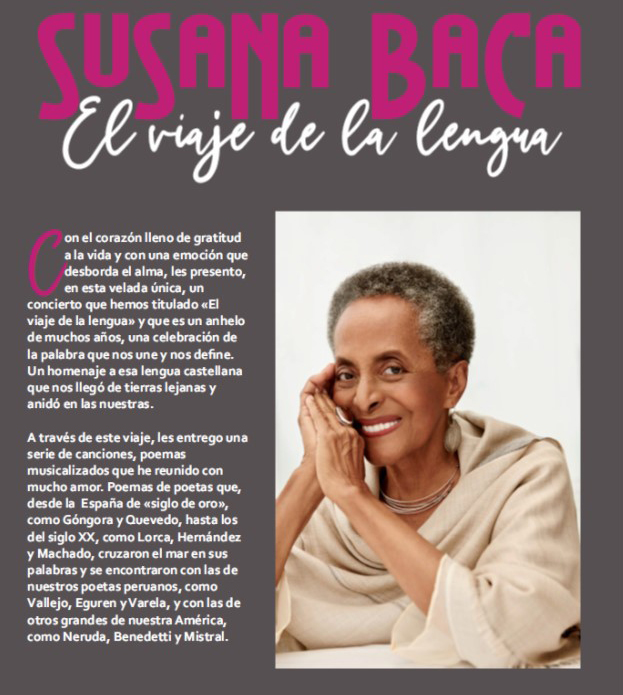 🎤🎼 <a href="/EmbajadaEspPeru/">Embajada de España en Perú</a> y <a href="/munisurco1/">Municipalidad de Santiago de Surco</a>  presentan a #SusanaBaca en el concierto «El viaje de la lengua». 
5 de noviembre
8:00 con entrada a las 7:40
Teatro Municipal de Surco
Entrada libre hasta completar aforo

<a href="/MAECgob/">Ministerio de Asuntos Exteriores, UE y Cooperación</a> <a href="/AECID_es/">AECID</a> <a href="/ConEspLima/">Consulado General de España en Lima</a> <a href="/AECIDPeru/">AECID Perú</a> <a href="/Espana_Peru/">Fundación Consejo España-Perú</a>