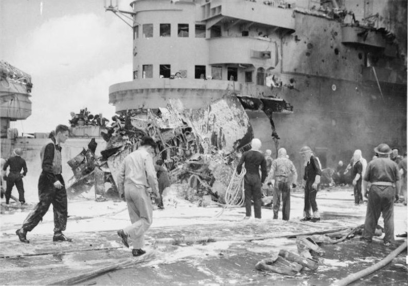 Wreckage of the Japanese kamikaze aircraft that crashed into HMS Formidable in the Pacific Ocean off Sakishima Islands, Japan, 4 May 1945
