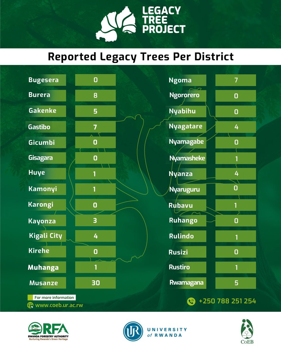 LegacyTreeRw's tweet image. 🌳 October wrapped up with incredible records  in documenting #LegacyTrees across all districts.
Be part of this inspiring journey to preserve Rwanda’s natural heritage &amp;amp; share the legacy trees found in your district before the year ends.
📋 via this link docs.google.com/forms/d/e/1FAI…