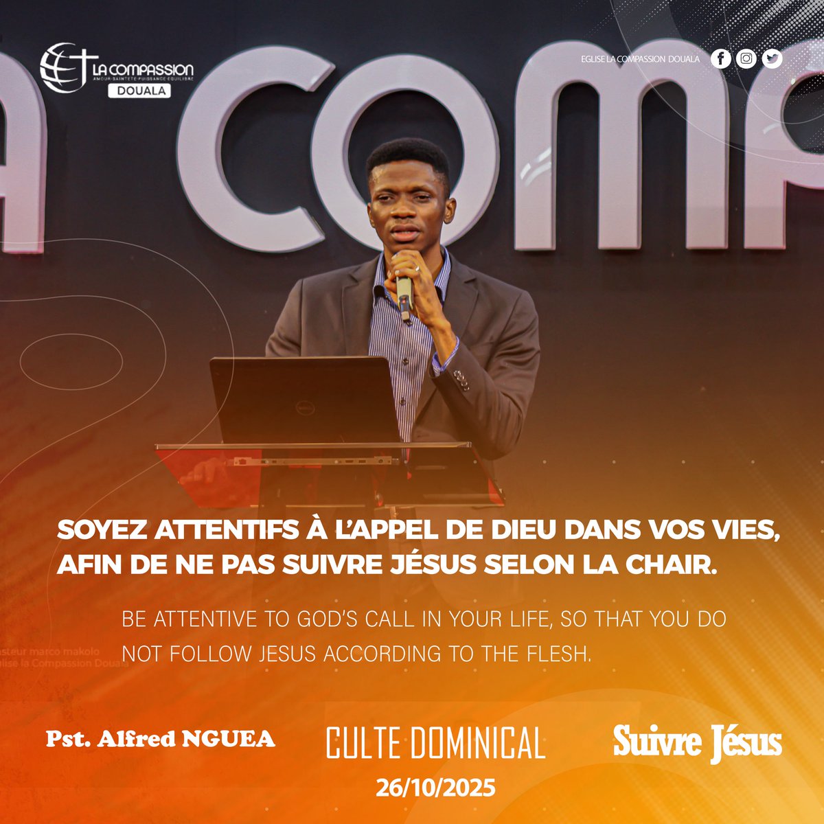 CompassionDla's tweet photo. 🔸Quelques pensées inspirées de notre culte Dominical du Dimanche 26.10.2025

✨Orateur🎤 : Pasteur Alfred NGUEA

🔹Thème : SUIVRE JESUS

Lien du culte :
https://t.co/wcY6s3QBNH

#religion #christ #egliselacompassiondouala https://t.co/BIdf0BIm1Z