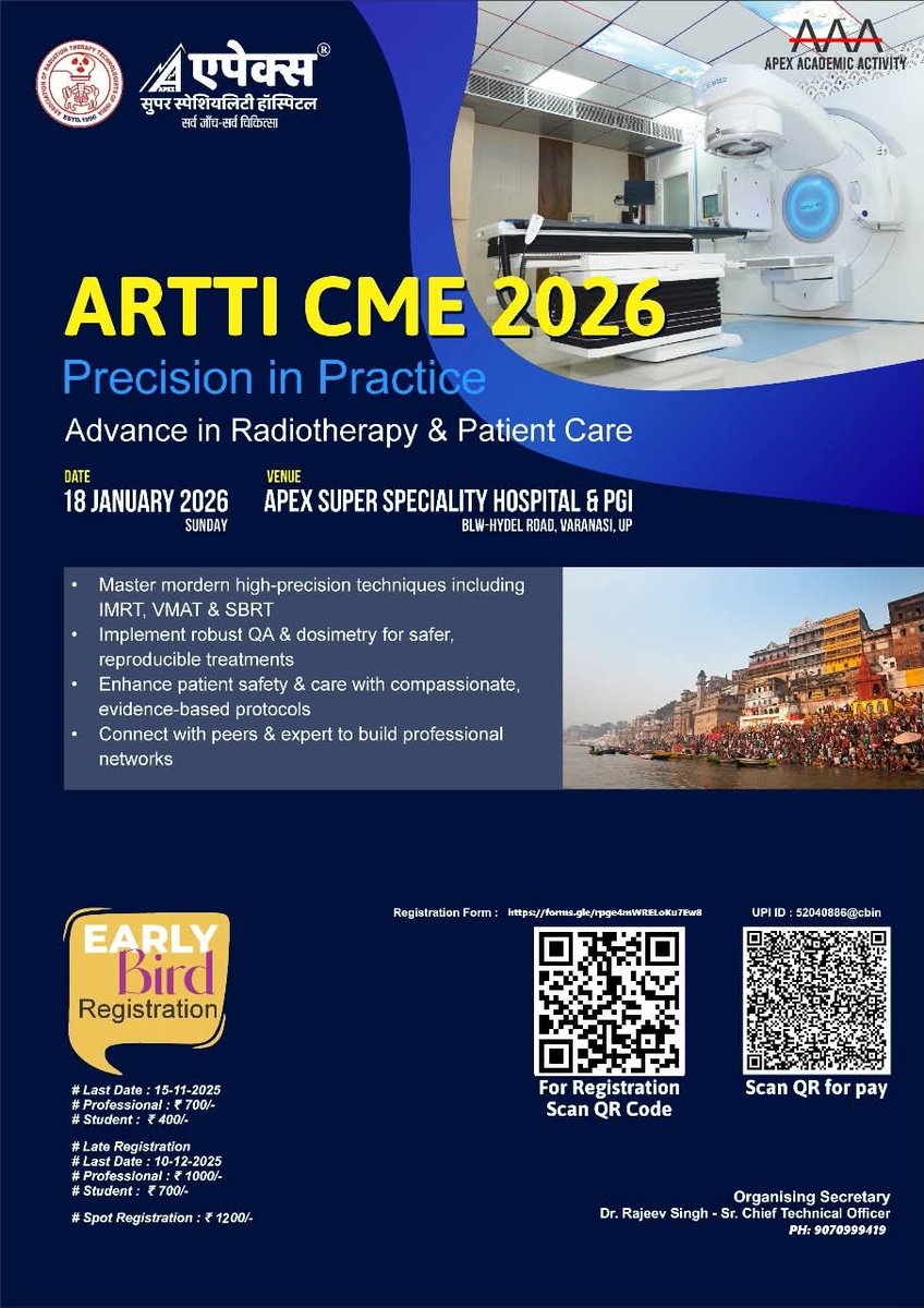 Dear Respecties,

We invite all to ARTTI CME 2026
Precision in Practice – Advances in Radiotherapy and Patient Care

Date Sunday 18th January 2026
Venue Apex Superspeciality Hospital Varanasi

Join the upcoming ARTTI CME 2026 
#therapist #CME #ARTTI