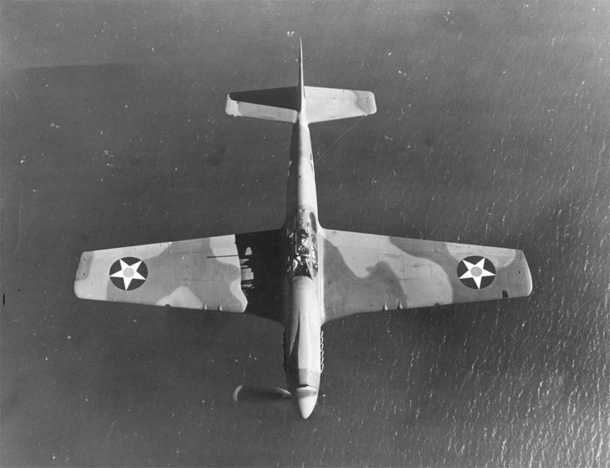 P-51A Mustang fighter in flight, viewed from the top, Oct 1940