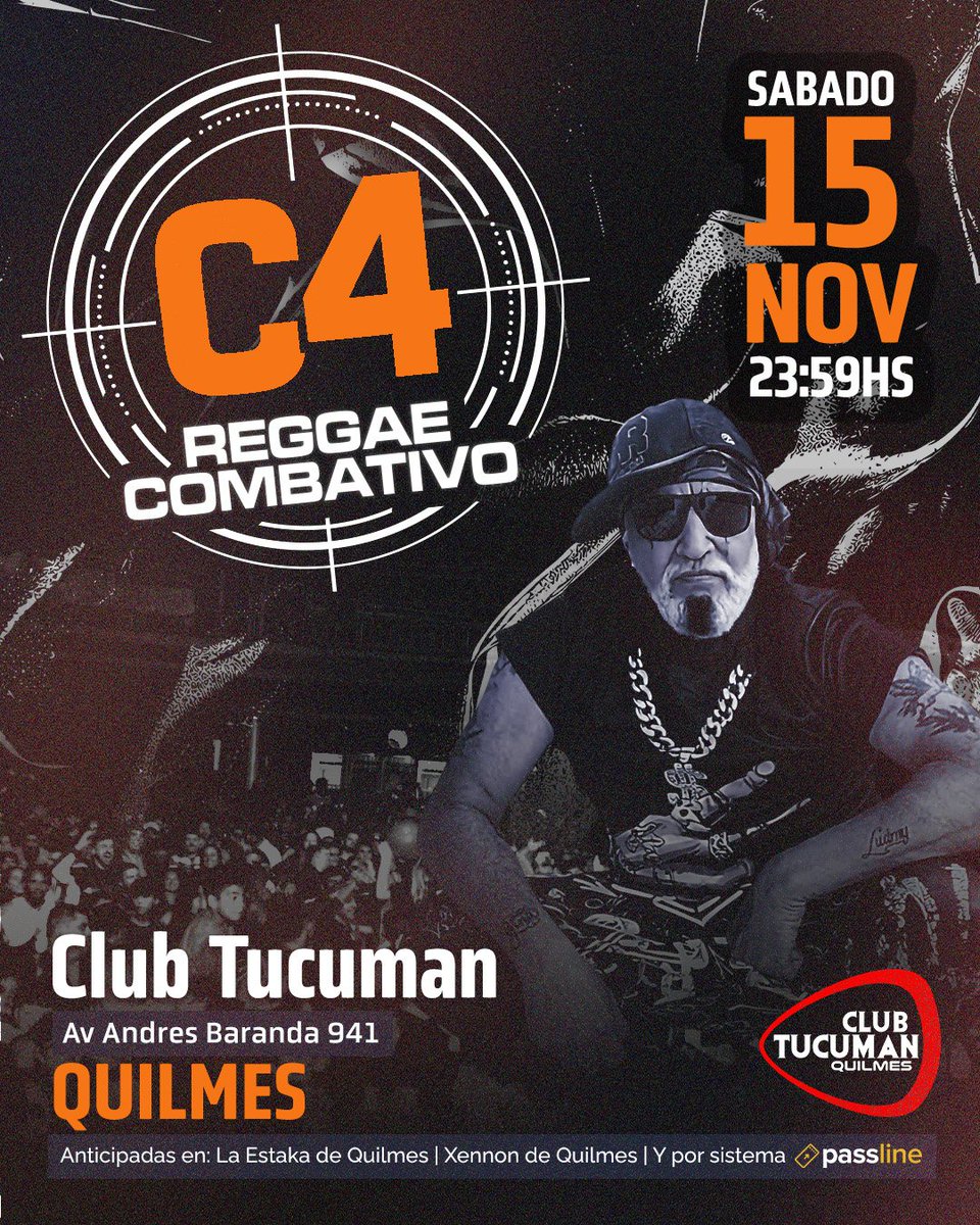 SE VIENE QUILMES... 
Sabado 15 de Noviembre 23:59 horas en el Club Tucuman, Direccion Andres Baranda 941 Quilmes. 
CLUB TUCUMAN de Quilmes 
Anticipadas en: 
La Estaka de Quilmes 
Xennon de Quilmes 
y por sistema Passline 👇♥️🎵
 passline.com/eventos/c4-reg…