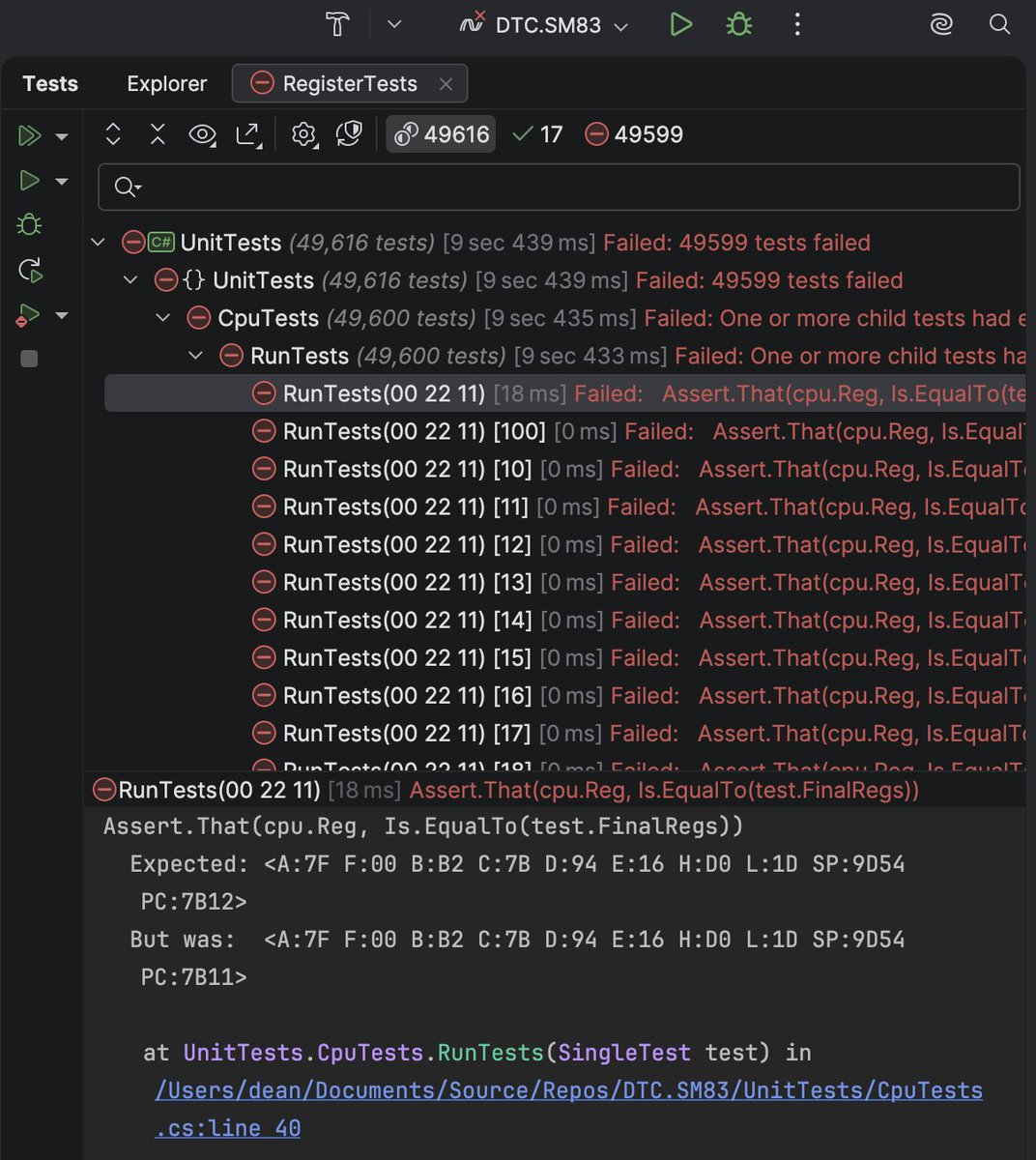 Step 1 of writing a new #GameBoy emulator: start with 49,599 failing unit tests. 🤣
Hold my beer. 🍺
#Emulation #indiedev #ThisIsGonnaTakeAWhile