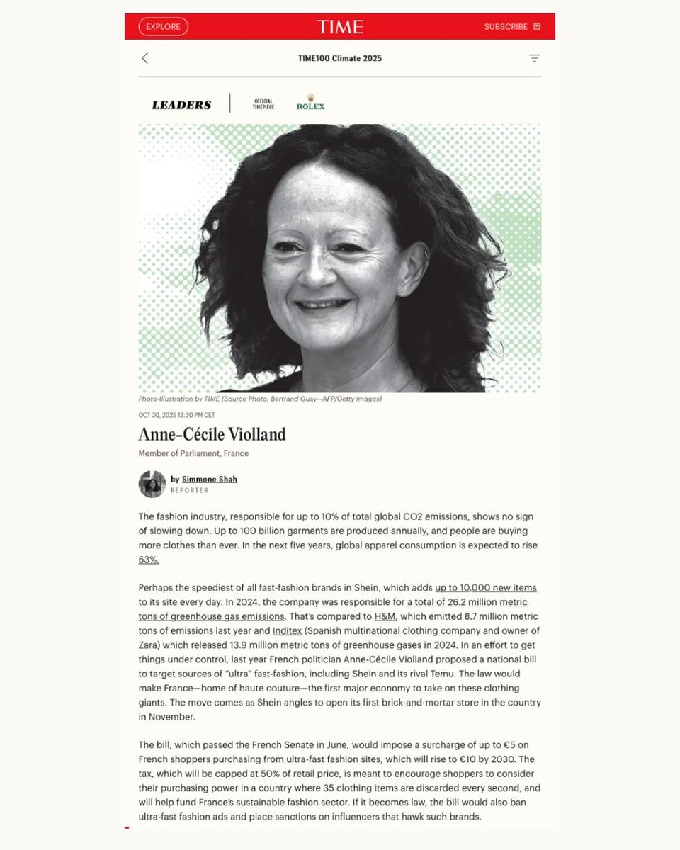 Merci au Time pour cet honneur. 🌍✨

😍 Cette reconnaissance est celle d’une mobilisation partagée de tout l’écosystème de la mode, des parlementaires français, des associations et nombreux français engagés dans la lutte contre contre l’aberration écologique, économique,