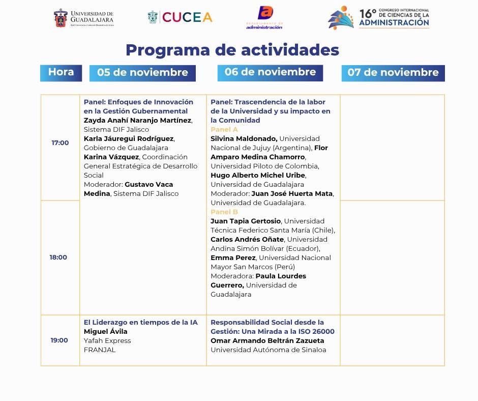 RedUnirse's tweet photo. Auspiciamos el 16° Congreso Internacional de Ciencias de la Administración del Depto. de Administración del @CUCEA_OFICIAL @udg_oficial 🇲🇽
📅 5 al 7 de noviembre
Transmisión virtual 💻
🚀 ¡Ya está el programa!
Conócelo aquí 👉 https://t.co/6jdisDHvJj
#CICA16 #CUCEA #UdeG https://t.co/DCIf2tnRdZ