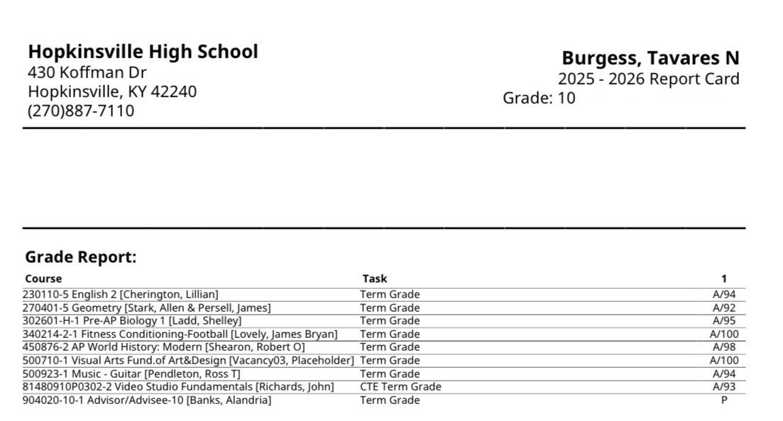 TavaresBurgess's tweet image. Ended the 1st Quarter on the Principals List with straight A’s/4.0 GPA &amp;amp; picked up 3 Academic Scholarship Offers as a 10th Grader (NKU, BSU, LWU) #studentathlete