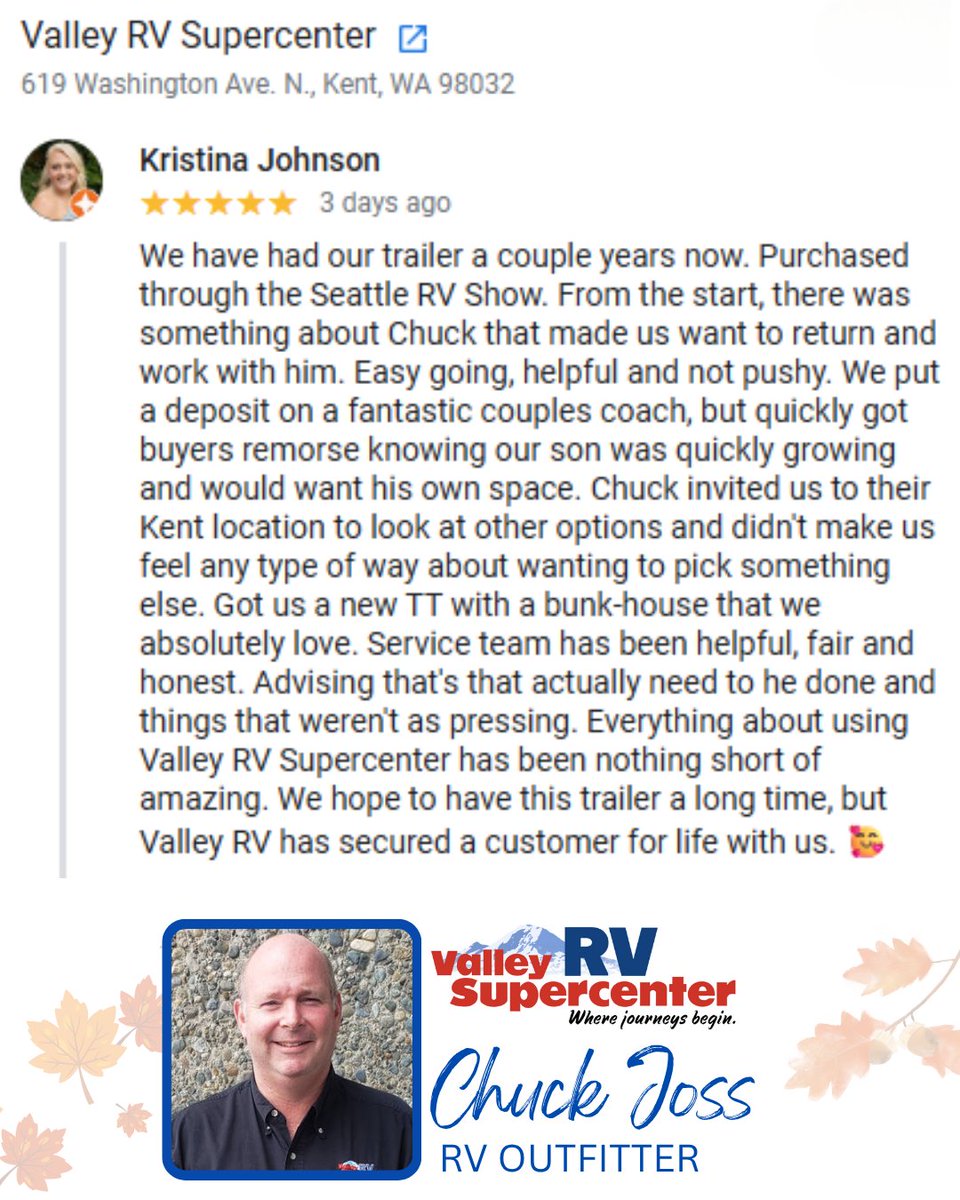 ValleyRVSuper's tweet image. ⭐️⭐️⭐️⭐️⭐️ Thank you, Kristina! We’re so glad you love your new trailer and your experience with Chuck and our Valley RV team. Honest service, happy campers, that’s what it’s all about! 🚐💙

#ValleyRVSupercenter #LetsJayco #RVLife #PNWRV #RVFamily