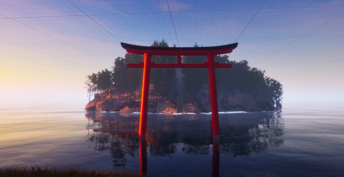 神社がある離れ小島を制作中です！
朝日も相まって厳かな雰囲気を醸し出しています！