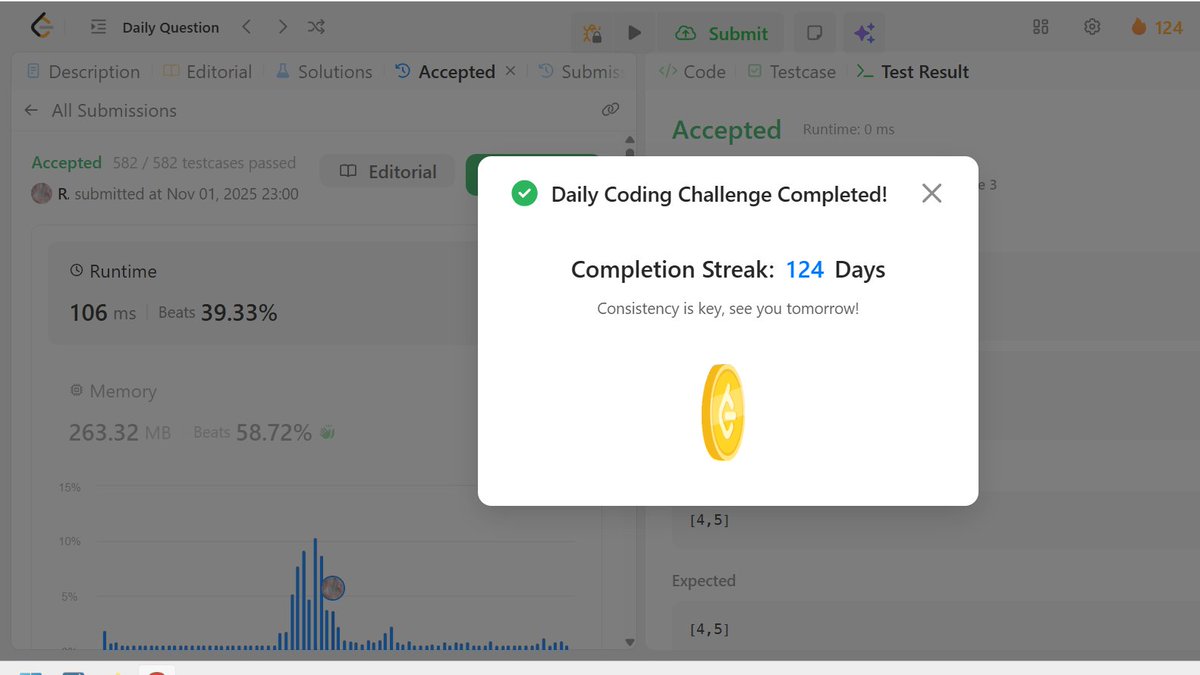 RojalineSa93267's tweet image. Day 41 #100DaysOfCode Completed today’s LeetCode problem — making it 124 consecutive days of daily problem-solving!
#LeetCode #CodingJourney #Zigbee #100DaysOfCodeChallenge