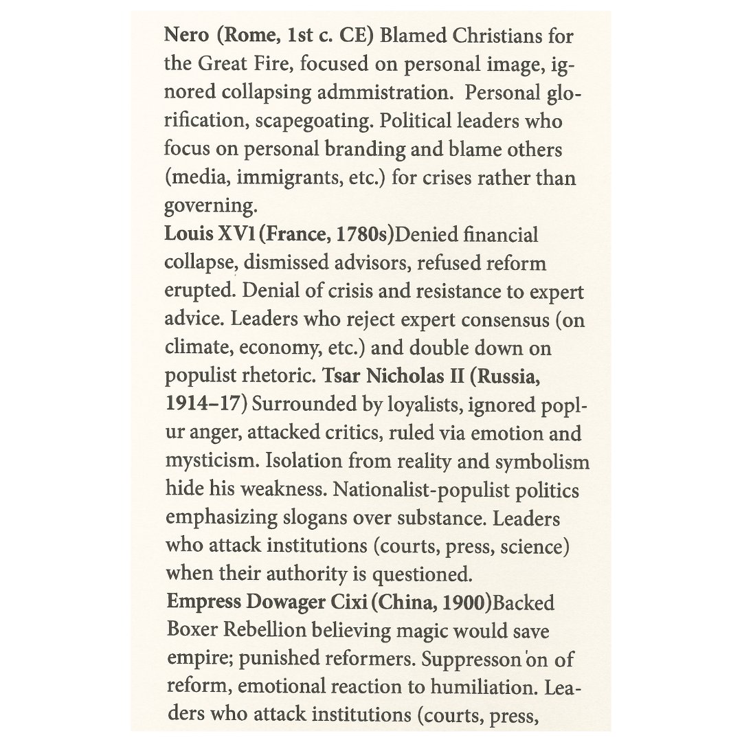 jagmohanmehta's tweet image. Across history, when empires stood on the brink of collapse, rulers often made desperate or irrational decisions — “crazy steps” — that only accelerated their downfall (read the image).

Trump also following same path, which is accelerating decline of US.

#Trump #USAinDecline