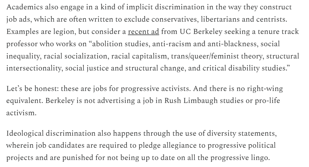 RonaDinur's tweet photo. Re the ideological biases in the academy: 

When I was pursuing my PhD, which was about discrimination and inequality, I often got shocked reactions, sometimes mixed with sheer, genuine confusion, when fellow academics realized that my work wasn’t about artificially pushing to expand the range of groups or situations considered wrongfully discriminatory (and thus covered by anti-discrimination law).

When it became clear that I was actually arguing that there are basic ambiguities and conceptual/normative problems in how the notion of discrimination is understood and applied in political discourse and by the legal system, my work, I suspect, was quietly branded as advancing some anti-justice or perhaps even racist (or some other "-ist") agenda.

Apparently, many of my colleagues simply couldn’t wrap their heads around the fact that I was there to do research, not to promote some grandiose activist narrative -- an activity which, aside from being politically motivated, tends to be extremely boring from an intellectual point of view.

(For the record, I've always been pretty moderate politically and I'm not particularly conservative - not that there's anything wrong with it! - and often "pass" as your normy liberal in many settings in my home country and abroad. I also think that my work could have actually contributed to improving anti-discrimination protections in many cases. Oh well).