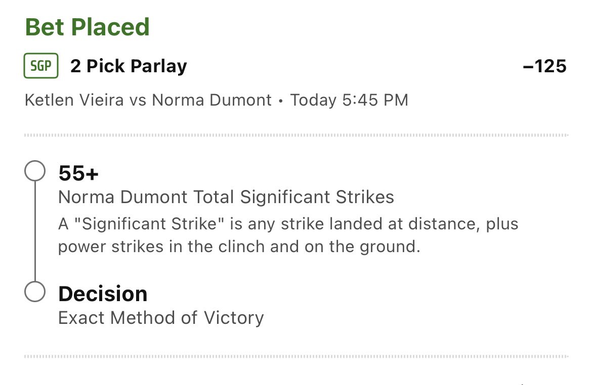 GGippe's tweet image. UFC few more plays 
I really like Norma Dumont’s significant strikes today, but I can’t find a regular line that would be a -115 so I built the same game parlay and then I’ve also got the one circled that I like on the ladder