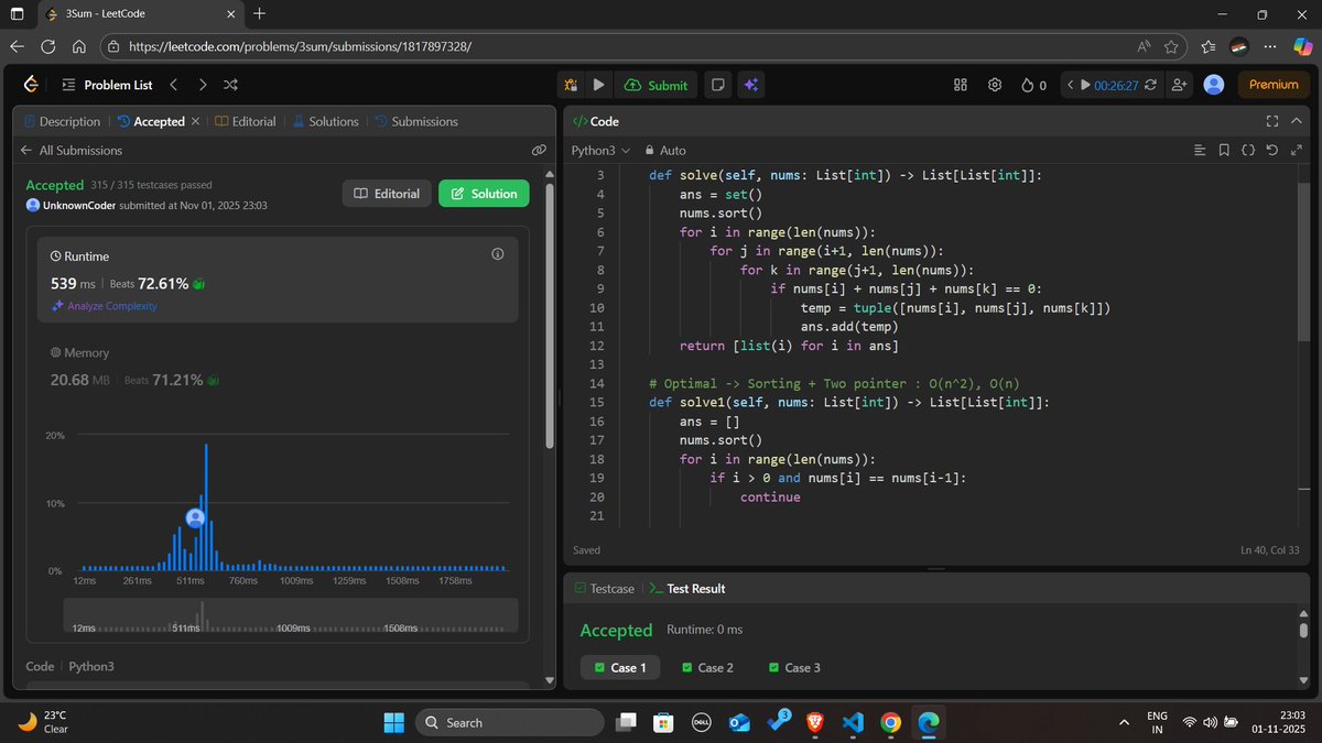 prveen_yadav_'s tweet image. Day-11 of #100DaysOfCode
Solved Problem : 3Sum
- Brute Force : O(n^3), O(m)
- Hashmap + Sorting : O(n^2), O(n)
- Two Pointer + Sorting : O(n^2), O(n)
#LeetCode #DSA #100daysofpractice #LearnInPublic