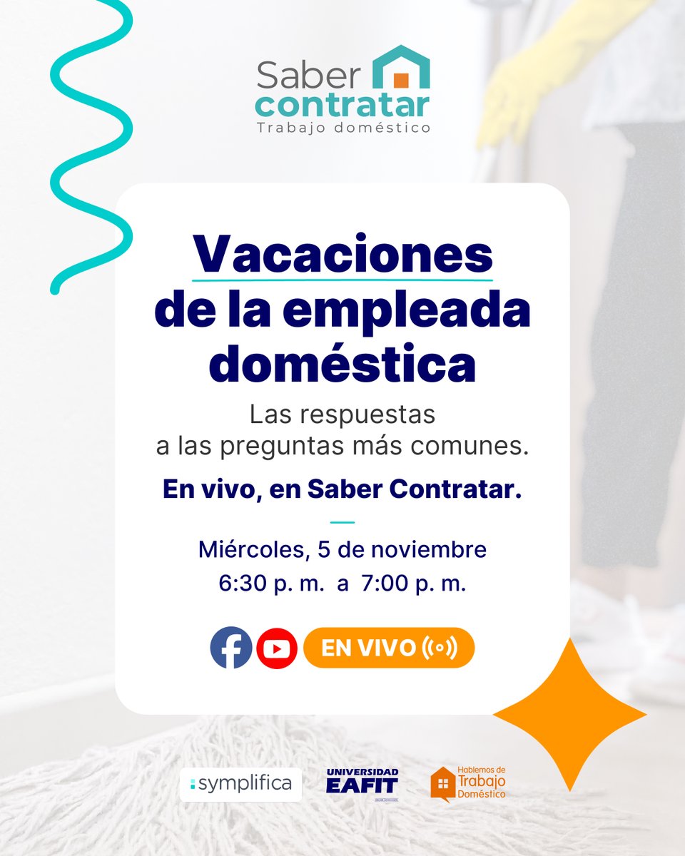📣😊Prográmense y compartan. 

En #SaberContratar resolveremos las dudas más frecuentes sobre el #trabajodoméstico y las #vacaciones, con especialistas de <a href="/symplifica_/">Symplifica</a> y <a href="/EAFIT/">Universidad EAFIT</a> .

El En Vivo, aquí:
📺Por Facebook:
facebook.com/events/1564695…
YouTube:
🎬bit.ly/SaberContratar…
