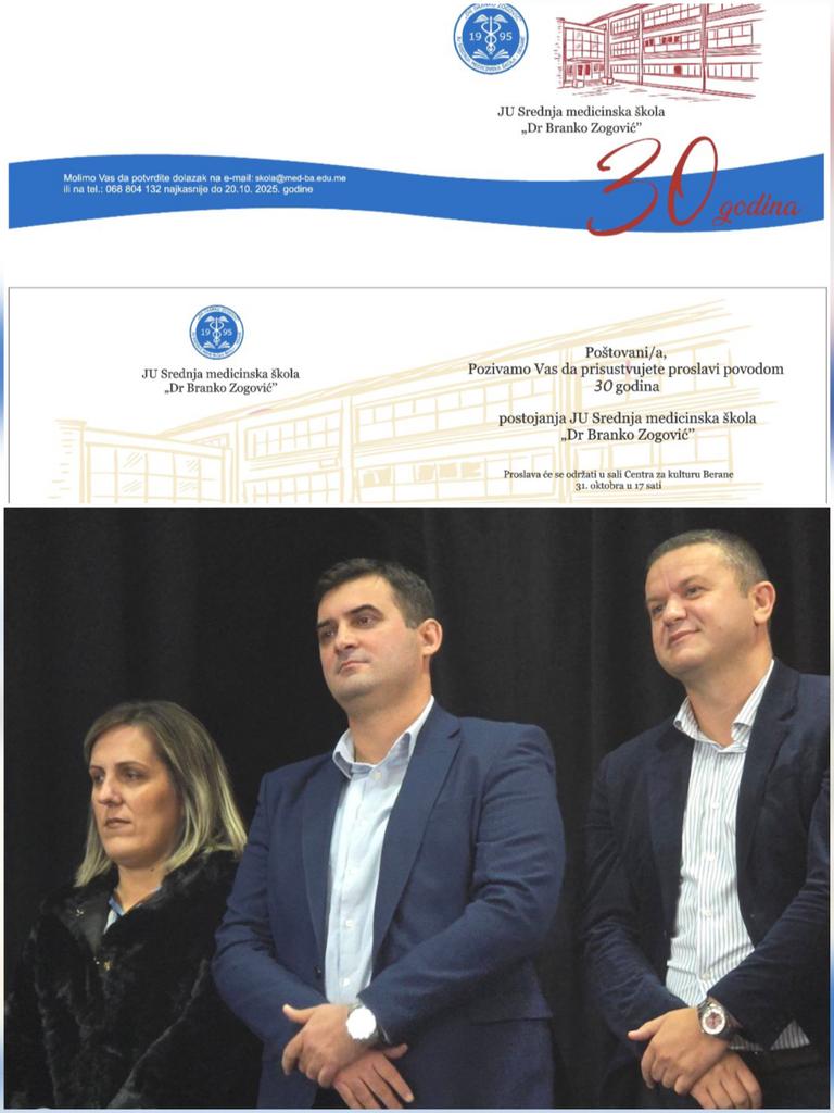 Uz zadovoljstvo, zahvalnost direktorki Mirosavi Bojović na pozivu da kao đak generacije školske 2003/04 prisustvujem, kao i na divnoj organizaciji sinoćnje proslave, povodom 30 godina postojanja JU srednja medicinska škola "Dr Branko Zogović".