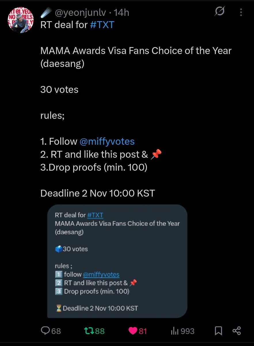 savemanipurpls's tweet photo. @yeonjunlv @miffyvotes For #tomorrowbytogether https://t.co/tJWuA1zkbp
