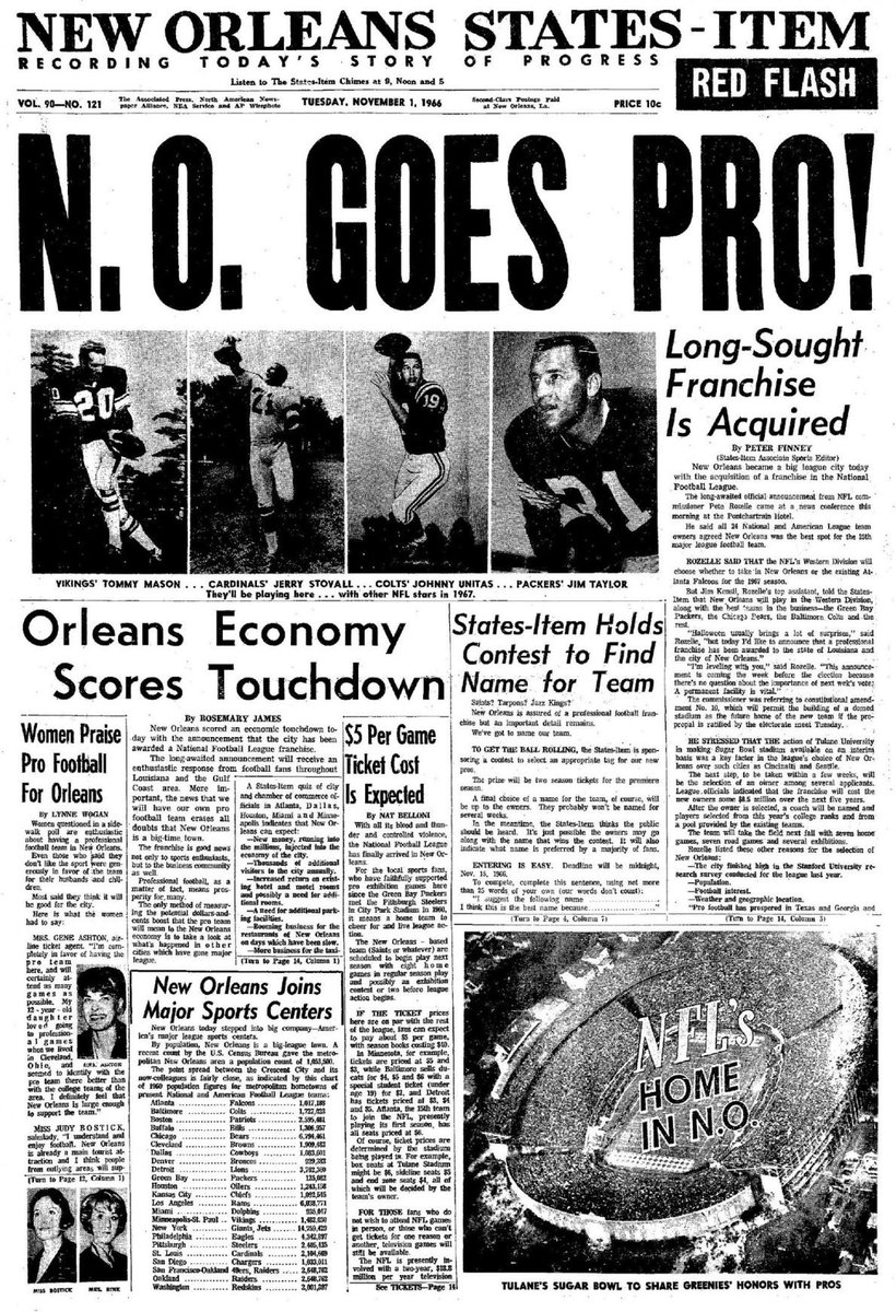On this day in #Saints history (11/1/1966), the #NFL awarded its 16th franchise to the city of New Orleans! 
PDF of newspaper on Nola.com: 
nola.com/pdf_5cae0d74-9…