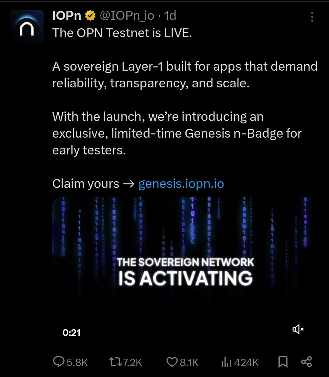 IOPn Testnet Airdrop Confirmed!!

<a href="/IOPn_io/">IOPn</a> Layer-1 Chain

- Buka: faucet.iopn.tech
- Claim Faucet
- Buka: genesis.iopn.io
- Claim Genesis Badge
- Buka: xeet.ai/refer/yunepto 
- Connect X &amp; Wallet
- Join Whitelist
- Buka: xeet.ai/signals/iopn
- Clear Missions