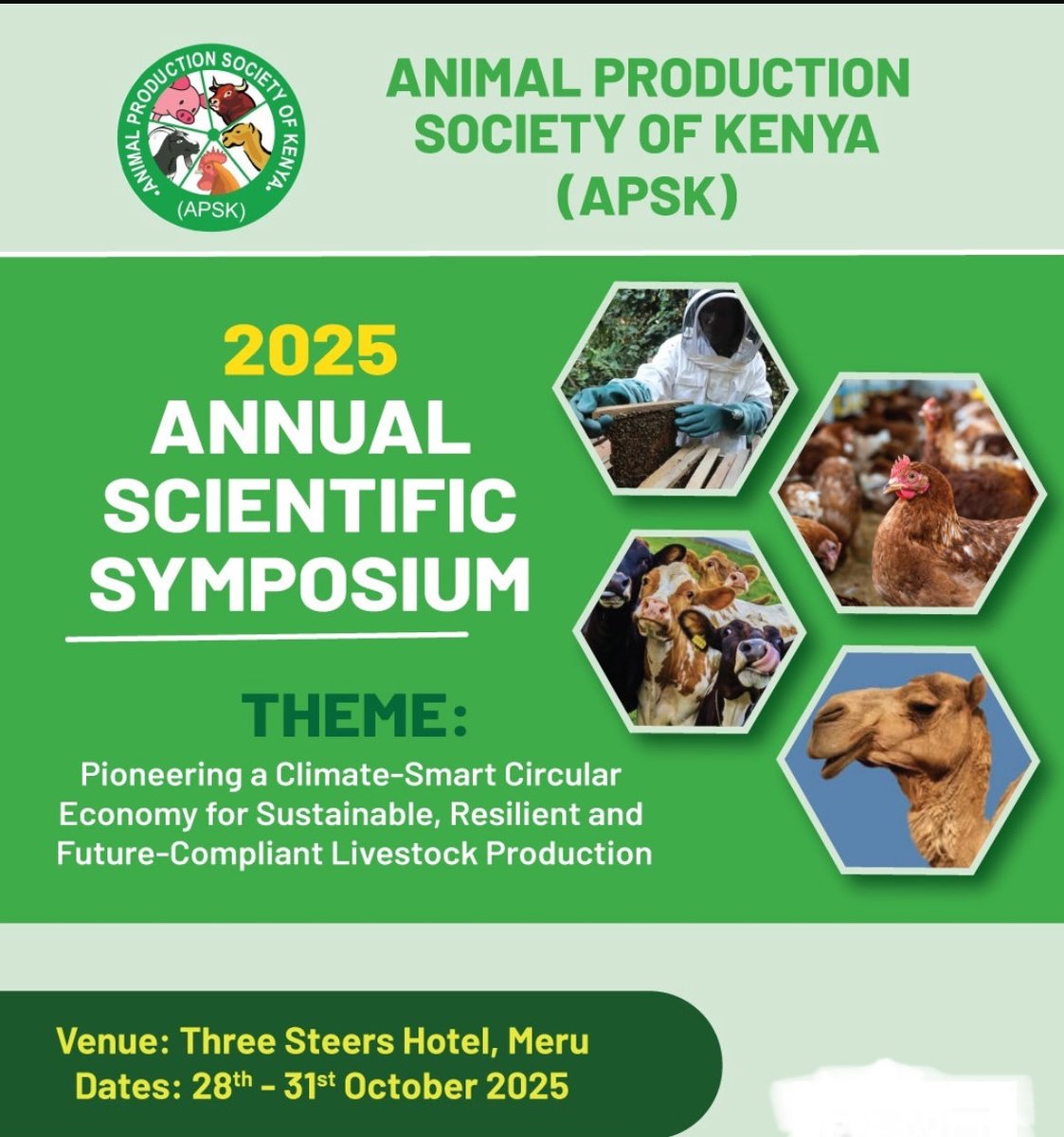 The Animal Production Society of Kenya (APSK) 2025 Annual Scientific Symposium was held on 28th - 31st Oct. 2025 at <a href="/Threesteers/">Three Steers Hotel Meru</a> Hotel, Meru. This provided an opportunity for stakeholders within the livestock and affiliated sectors to exchange insights #APSK2025Symposium
