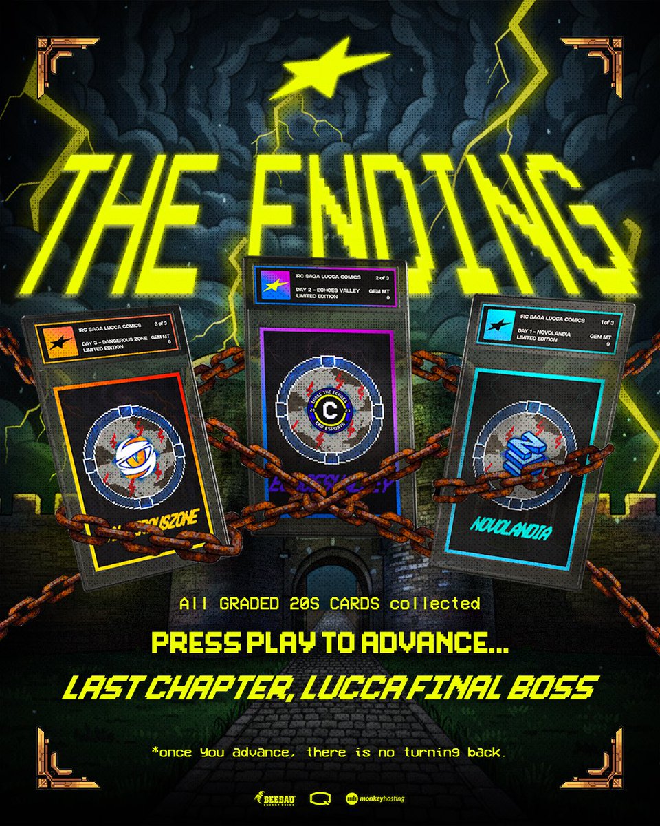 THE ENDING⚡

All graded cards collected.  

Press play to advance…  

TOMORROW: Last chapter, Lucca Final Boss.
.
.
#twentystars #IRCsaga #RocketLeague #FinalBoss