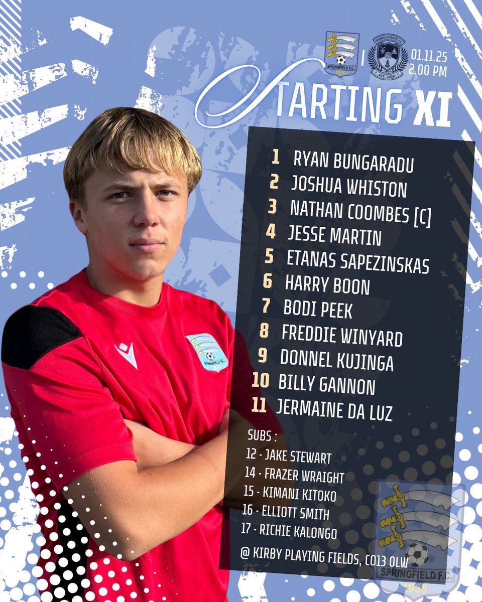SpringfieldF's tweet image. 💛💙 Here’s how we line up! 💙💛

Our starting XI to face Thorpe Athletic this afternoon in the Essex &amp;amp; Suffolk Border Premier League ⚽

🕑 Kick-off: 2pm
📍 Kirby Playing Fields, CO13 0LW

Let’s go, Springfield! 💪
#SpringfieldFC #UpTheField #Matchday #ESBPL