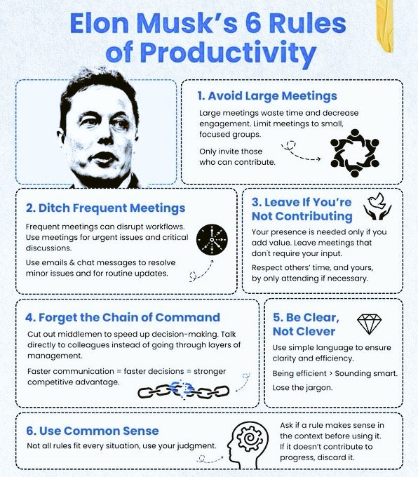 rosemoni18's tweet image. 🚀 PRODUCTIVITY ! 🚀
Get Elon Musk’s 6 Rules of Productivity (Free Visual Guide) 🎁
To get it:
1️⃣ Like ❤️
2️⃣ Repost 🔁
3️⃣ Comment “RULES”
4️⃣ Follow @rosemoni18 (so I can DM)