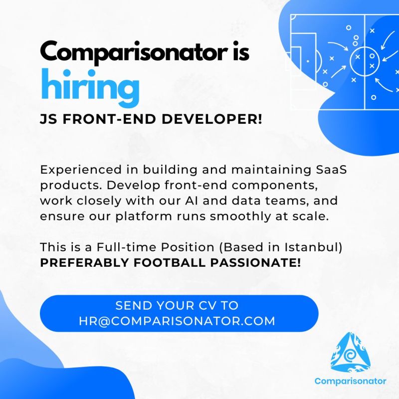 Futbolu seven Front End &amp; Back End developerlar için iş ilanı: <a href="/Comparisonator/">Comparisonator</a> 4 senede dünyada 150'den fazla  futbol takımı &amp; menajerlik firması müşterisi olan, yarattığı Yapay Zeka devrimleri ile global futbol ortamında marka olmuş bir yapı. Başvuru için: hr@comparisonator.com