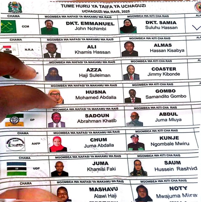 Election ballot sheet for Tanzanian presidential election featuring multiple candidates names and photos including Samia Suluhu Hassan from Chama Cha Mapinduzi CCM John Nchiwibi from ACT Wazalendo and others from parties like CUF CHADEMA NCCR Mageuzi and UDP. Party symbols such as flags and animals are visible next to each candidate. Sections for marking votes with options like Chama and others. Printed text in Swahili and English listing polling station details like Uhuruya Tafiya Uchaguzi 2025.