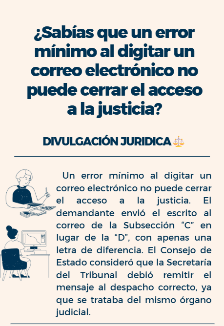 divulgajuridica's tweet photo. ¿Sabías que un error mínimo al digitar un correo electrónico no puede cerrar el acceso a la justicia?

En este caso, un abogado envió la subsanación de una demanda al correo de una subsección distinta dentro del mismo Tribunal Administrativo de Cundinamarca.

El Tribunal rechazó la demanda por considerar que el escrito NO se presento. 

El Consejo de Estado, revocó esa decisión y recordó varios puntos claves 👇

1️⃣ El recurso de reposición sí procede contra los autos que rechazan la demanda.
La Ley 2080 de 2021 modificó el CPACA para permitir que la reposición sea un medio de impugnación general contra todos los autos, salvo norma expresa en contrario.
Por tanto, el Tribunal incurrió en error al negar su procedencia.

2️⃣ Un error mínimo al digitar un correo electrónico no puede cerrar el acceso a la justicia.
El demandante envió el escrito al correo de la Subsección “C” en lugar de la “D”, con apenas una letra de diferencia.
El Consejo de Estado consideró que la Secretaría del Tribunal debió remitir el mensaje al despacho correcto, ya que se trataba del mismo órgano judicial.

3️⃣ El uso de canales digitales judiciales es obligatorio, pero no absoluto.
Aunque las partes deben usar los correos oficiales, los lapsus mecanográficos no deben convertirse en obstáculos para impartir justicia.
El Consejo enfatizó que el derecho de acceso a la justicia prima sobre el formalismo excesivo.

4️⃣ Conclusión del caso:
El alto tribunal revocó el auto del 28 de febrero de 2023 y ordenó al Tribunal Administrativo de Cundinamarca proveer sobre la admisibilidad de la demanda, considerando válida la subsanación presentada.