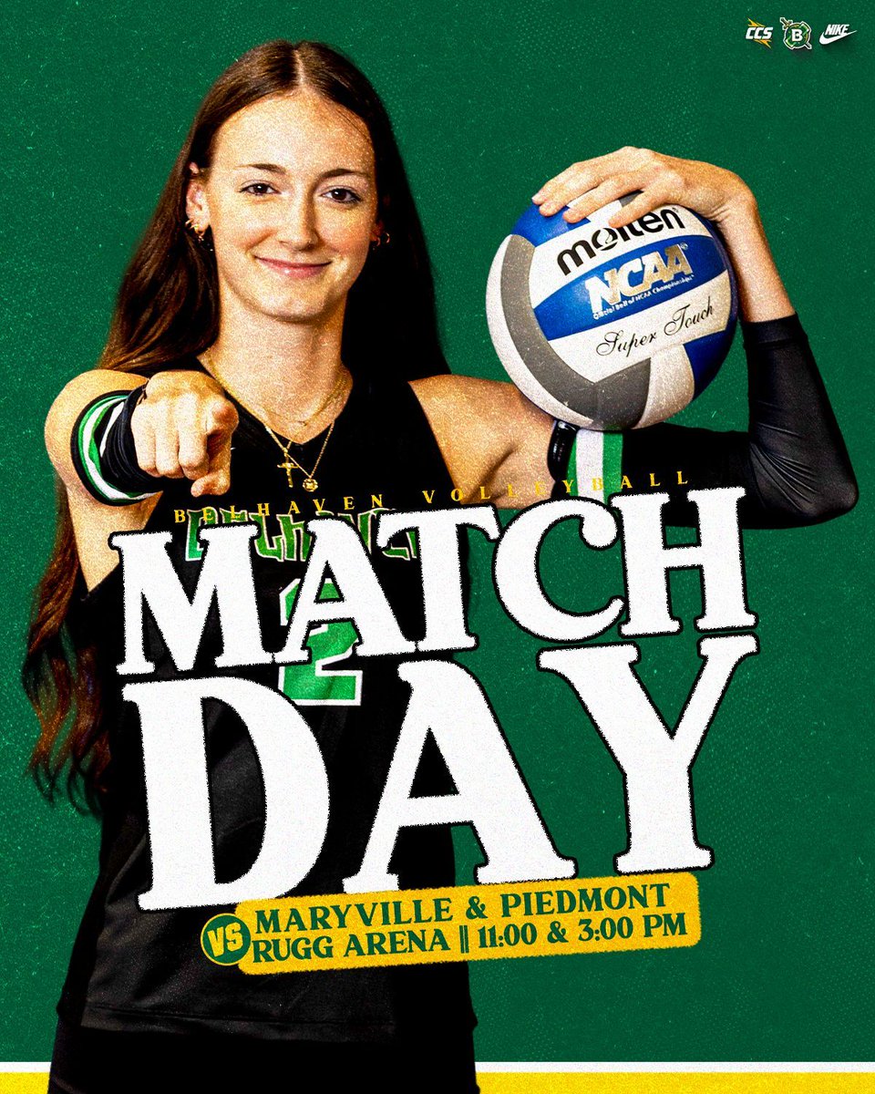𝐅𝐢𝐧𝐚𝐥 𝐂𝐂𝐒 𝐓𝐫𝐢-𝐌𝐚𝐭𝐜𝐡 

🆚  | Maryville &amp; Piedmont
⏰  | 11 AM &amp; 3 PM
📍  | Rugg Arena
🔗  | linktr.ee/BelhavenVB

#GoGreen
