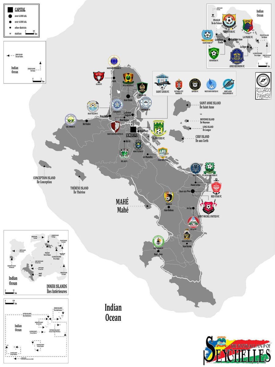 RiccardoDAgnese's tweet photo. 🇸🇨 Mappa della geografia calcistica delle Seychelles realizzata da me 🇸🇨

The #Seychelles is a vast archipelago on the African continent and is the least populous African country. Almost all of the population lives on the largest islands of the Inner Islands: #Mahé, #Praslin, and #LaDigue, where local football is well-developed and organized by the @SeyFoot_com. 

The Seychelles has a three-tier system, with teams from almost every district on the three main islands.
The most successful teams are #SaintLouisFC and #SaintMichelUnitedFC (from Mahé), #LaPasseFC (from La Digue), and #CoteDOrFC (from Praslin).