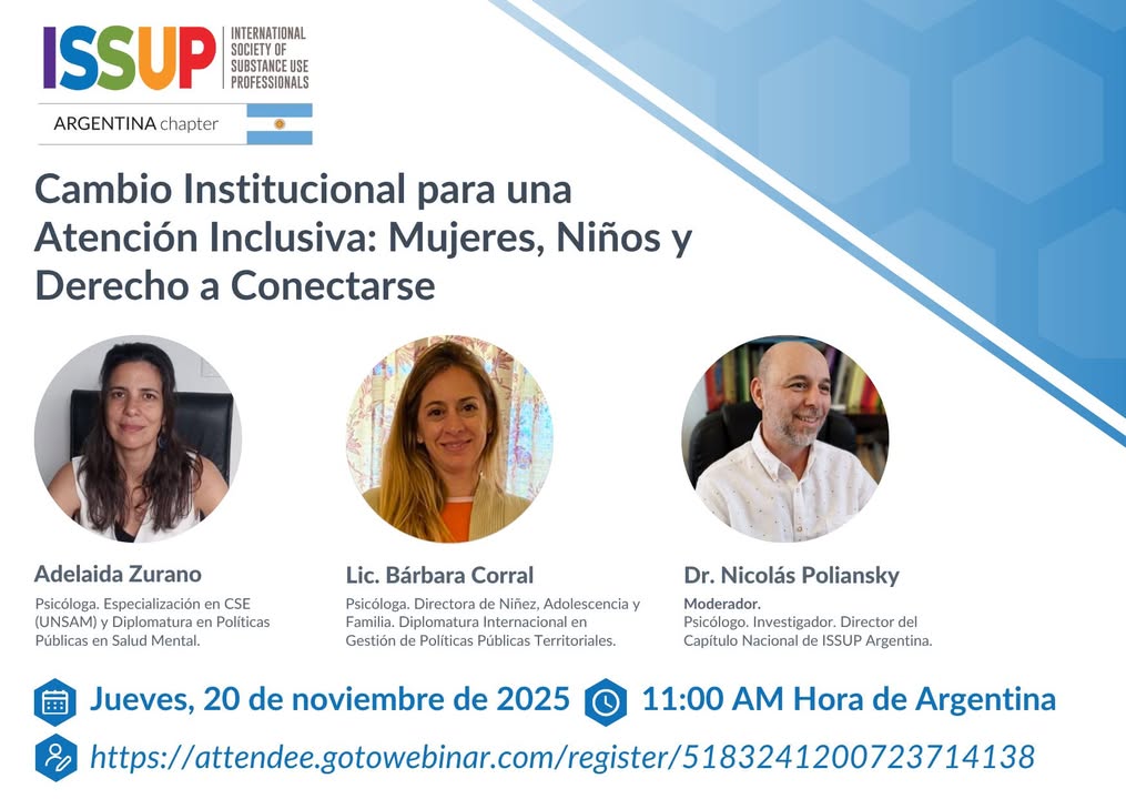 Únete a ISSUP Argentina para explorar cómo los sistemas de protección pueden construir rutas de atención más humanas y no punitivas para las mujeres que consumen drogas y sus hijos.
🗓️  20 de noviembre de 2025
🕚 11 PM (Hora Argentina)

🔗 Regístrese aquí: issup.net/es/national-ch…