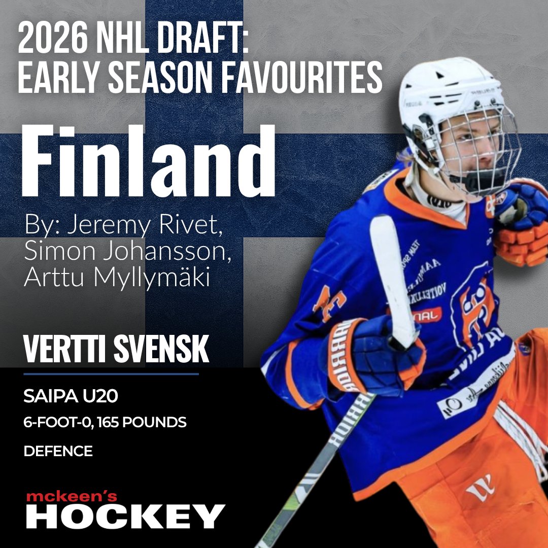 mckeenshockey's tweet image. 2026 Draft: Early Favourites – Finland Edition

Our newest scouting feature spotlights Finland’s top breakout bets ahead of the 2026 NHL Draft: Vertti Svensk, Samu Alalauri, Jakub Frolo, Juho Piiparinen, Oliver Suvanto, Vilho Vanhatalo, and Albert Smits.

👉 Read the full…