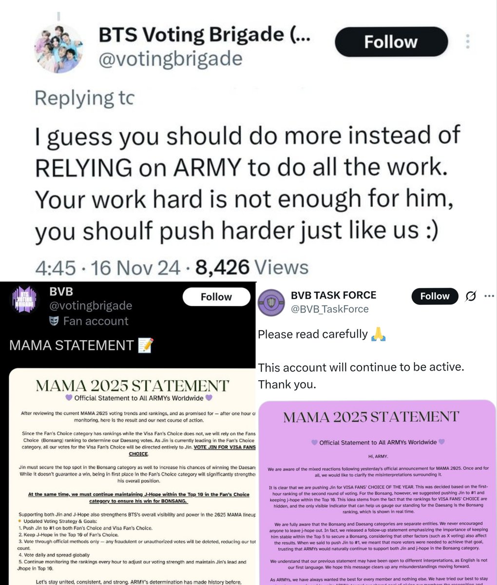 uarmyvibe's tweet photo. Did you know these are the same voting accounts discouraging fandom from voting for hobi in Bonsang category? They deacticated the first account. Never forget what they said when hobi was the only nominated member who didn't get MAMA in 2024. DON'T FALL FOR THEIR NARRATIVE! https://t.co/1Brde0Z1ef