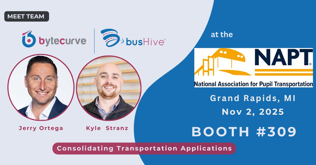 BytecurveLLC's tweet image. Team @BytecurveLLC@busHiveSoftware is in Grand Rapids, MI, attending #NAPT25 this weekend.

Stop by Booth #309 to discover how our solutions are transforming #K12Operations.

#PayrollSolutions #SchoolTransportation #FieldTripManagement #RoutingSoftware  #Bytecurve #bushive