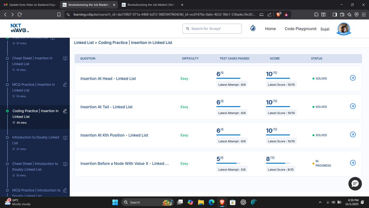 sujaldhavale19's tweet image. 💡 Mastered the fundamentals of Linked Lists
✔️ Conversion from Array to Linked List
✔️ Traversal & Search
✔️ Length Calculation
✔️ Insertion (Head, Tail, Kth, Before X)
✔️ Deletion (Head, Tail, Kth, By Value, Filter by Array)
Every test case passed ✅
#DSA #Python #NxtWave