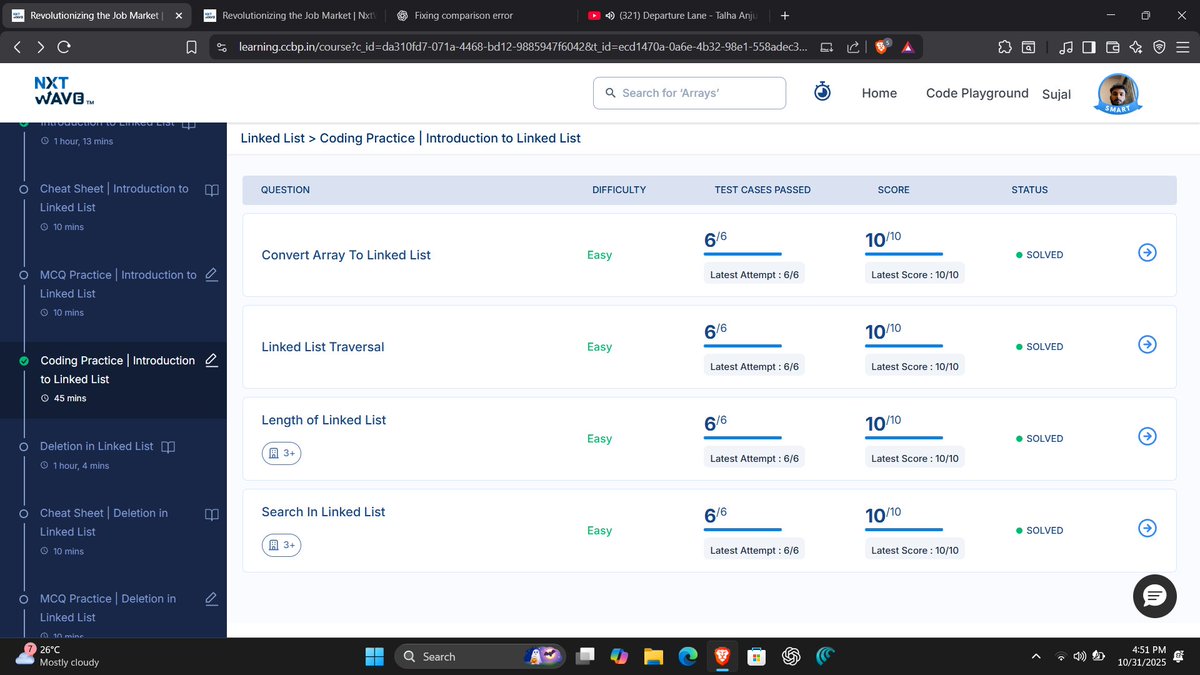 sujaldhavale19's tweet image. 💡 Mastered the fundamentals of Linked Lists
✔️ Conversion from Array to Linked List
✔️ Traversal & Search
✔️ Length Calculation
✔️ Insertion (Head, Tail, Kth, Before X)
✔️ Deletion (Head, Tail, Kth, By Value, Filter by Array)
Every test case passed ✅
#DSA #Python #NxtWave