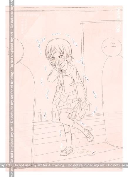 『体育館にて、限界突破でも がまん継続中の娘 (終わりはまだ見えず、残り内蔵量85%)』
校長先生の話は入って来ず… 頭はおしっこの事のみ
な 肌寒い季節の全校集会。
学生時代によくあるメモリアルな絵は健全ですねっ😃

息抜きの蓄積で色塗れるくらいになってる…余裕が出来たら軽く色のせるかも。 