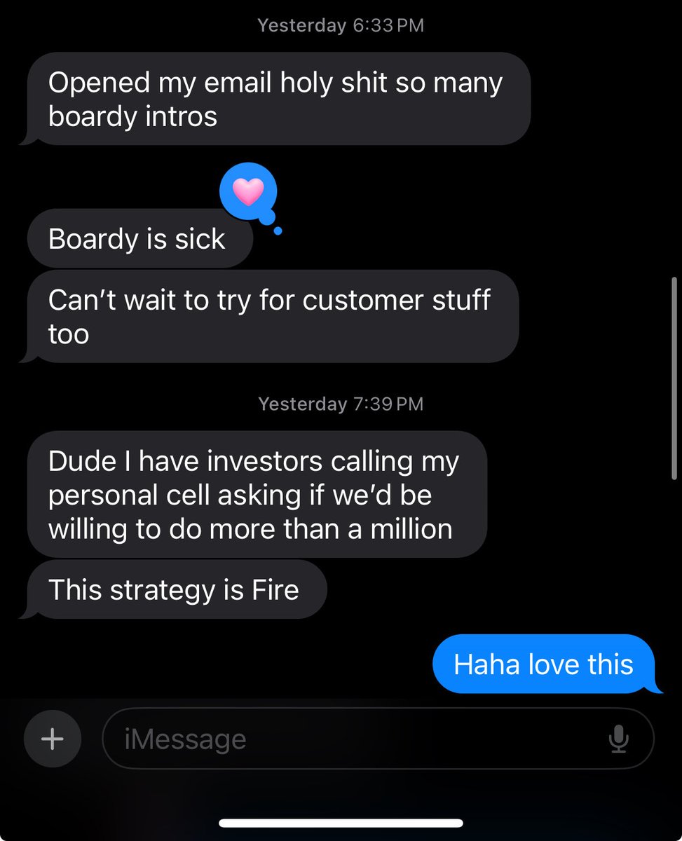 Got this text last night.

<a href="/boardyai/">Boardy</a> just started working with this founder. Seems like it’s going well!

Boardy is working with 100 founders to close their rounds before the end of the year.

If you know a founder who’s currently raising and wants Boardy’s help, reply👇 and I’ll