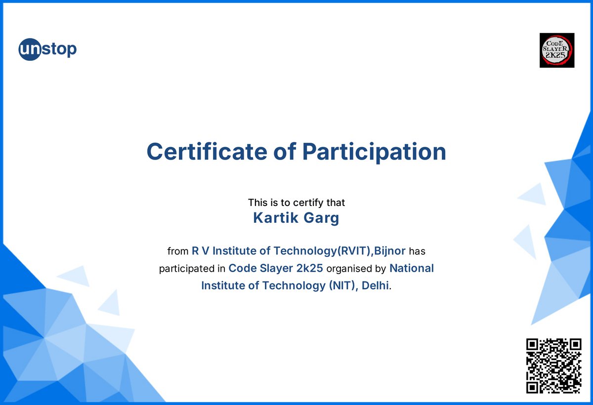 codewithkartik7's tweet image. 🔥 Code Slayer 2K25 – NIT Delhi
Another coding milestone unlocked! Participated in Code Slayer 2K25 by NIT Delhi 👨‍💻
Competing with sharp minds always fuels growth 🚀
#NITDelhi #CodeSlayer2K25 #Coding #Hackathon #Unstop