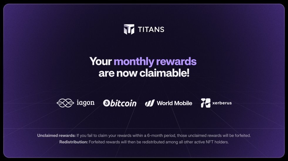 New Month. New Rewards.

October rewards are now live and claimable! 

What’s coming in November?

1⃣IAG Rewards

IAG rewards will begin unlocking for TITAN in the next payout period. We also expect the rewards to increase due to the updated node tiering system and new Würth