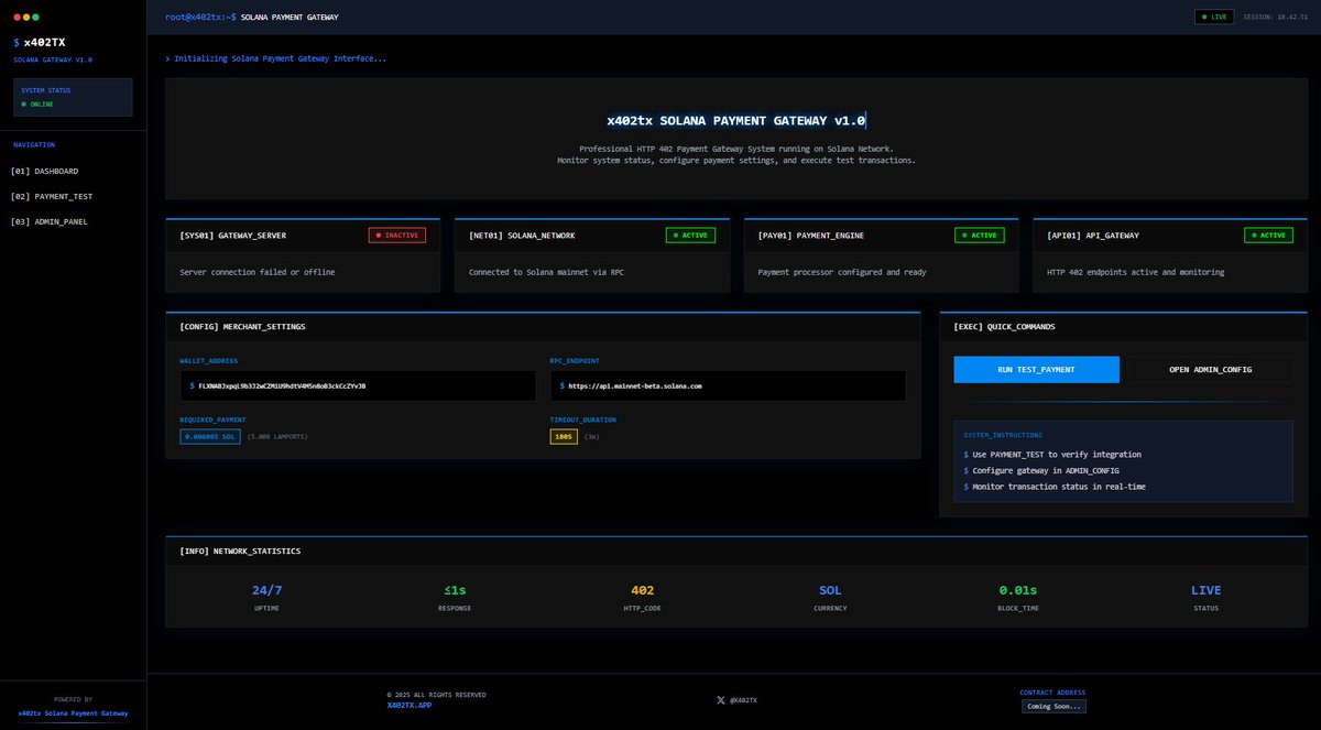 x402tx's tweet photo. Initializing the next-gen Solana Payment Gateway.

Real-time system monitoring, instant transactions, zero intermediaries.

👉 https://t.co/jmLfFuNbYe

#x402tx #Solana #PaymentProtocol https://t.co/hWdohwob3T
