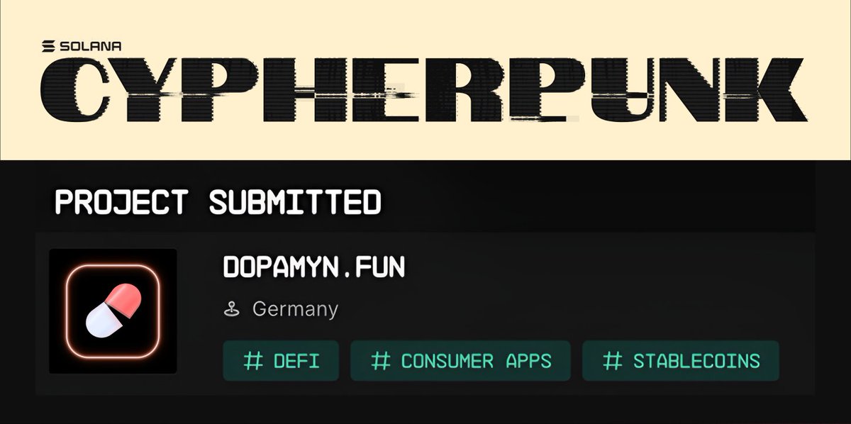 How it began- 

On Oct 30th, we submitted #Dopamyn to the <a href="/solana/">Solana</a>  #CypherpunkHackathon, organized by the amazing <a href="/SuperteamDE/">Superteam Germany</a>  with <a href="/colosseum/">Colosseum</a>, #Stakingfacilities  &amp; <a href="/Arcium/">Arcium ☂️</a> 

Built with #AI + #blockchain, #Dopamyn turns real actions into instant verified rewards — no middlemen.