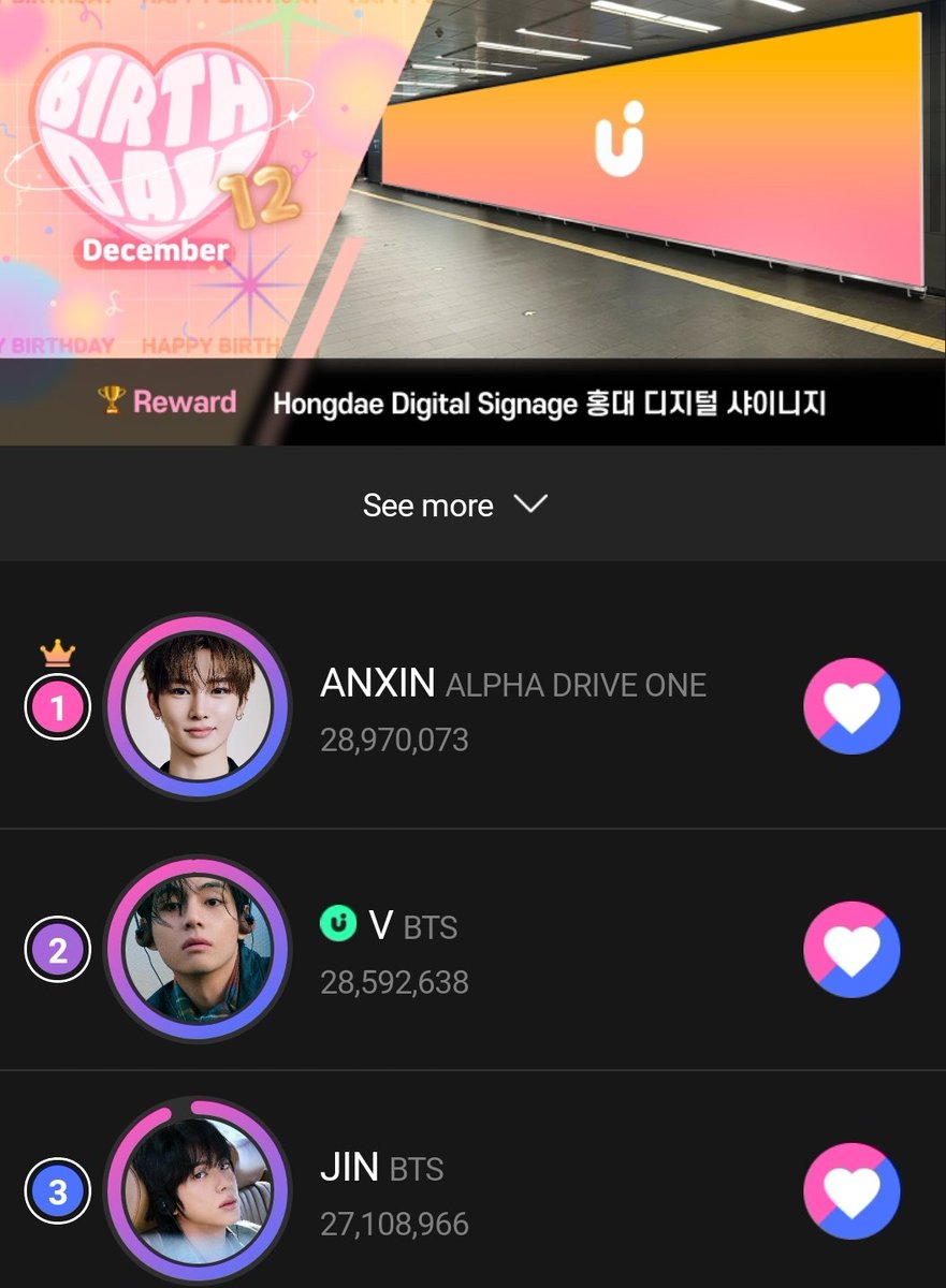 [🎂] UPICK DECEMBER BIRTHDAY 

D-5 | Vote for V‼️
🐯: 🥈| 28.592M
Gap: 377,435 🚨⚠️
🗓️: Nov 6 | 3PM KST

🏆 1st Prize Reward:
🔥 Hongik Univ Station Airport Railroad Digital Signage (7 days)
🔥 Home Main Screen Celebration Banner

UNLIMITED VOTING ☑️
✔ Check attendance
✔ Watch