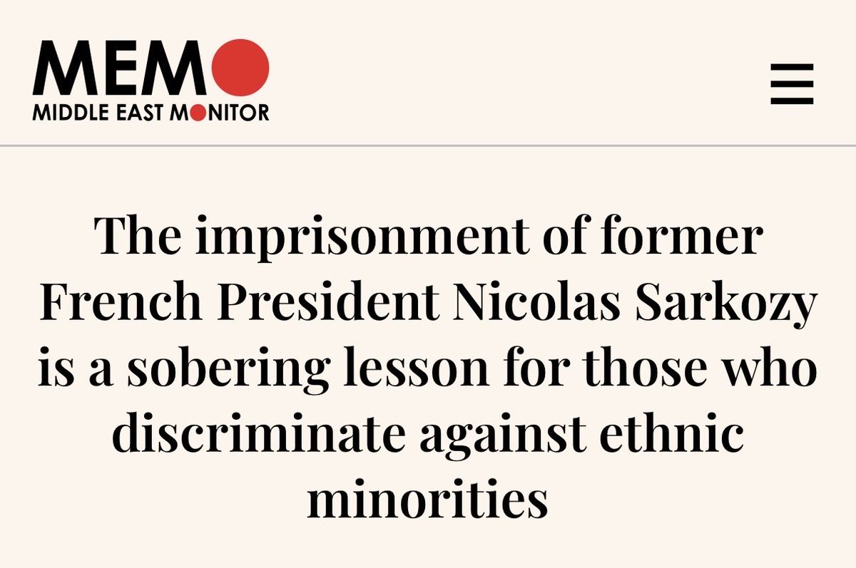 NabilaRamdani's tweet image. My OpEd for @MiddleEastMnt about #Sarkozy’s imprisonment. Two decades on from calling ethnic minority youths “#scum” who should be locked up, “Le Top Cop” ends up in his own cramped #prison cell for conspiring to take $Ms in laundered cash from #Gaddafi. 

middleeastmonitor.com/20251031-the-i…
