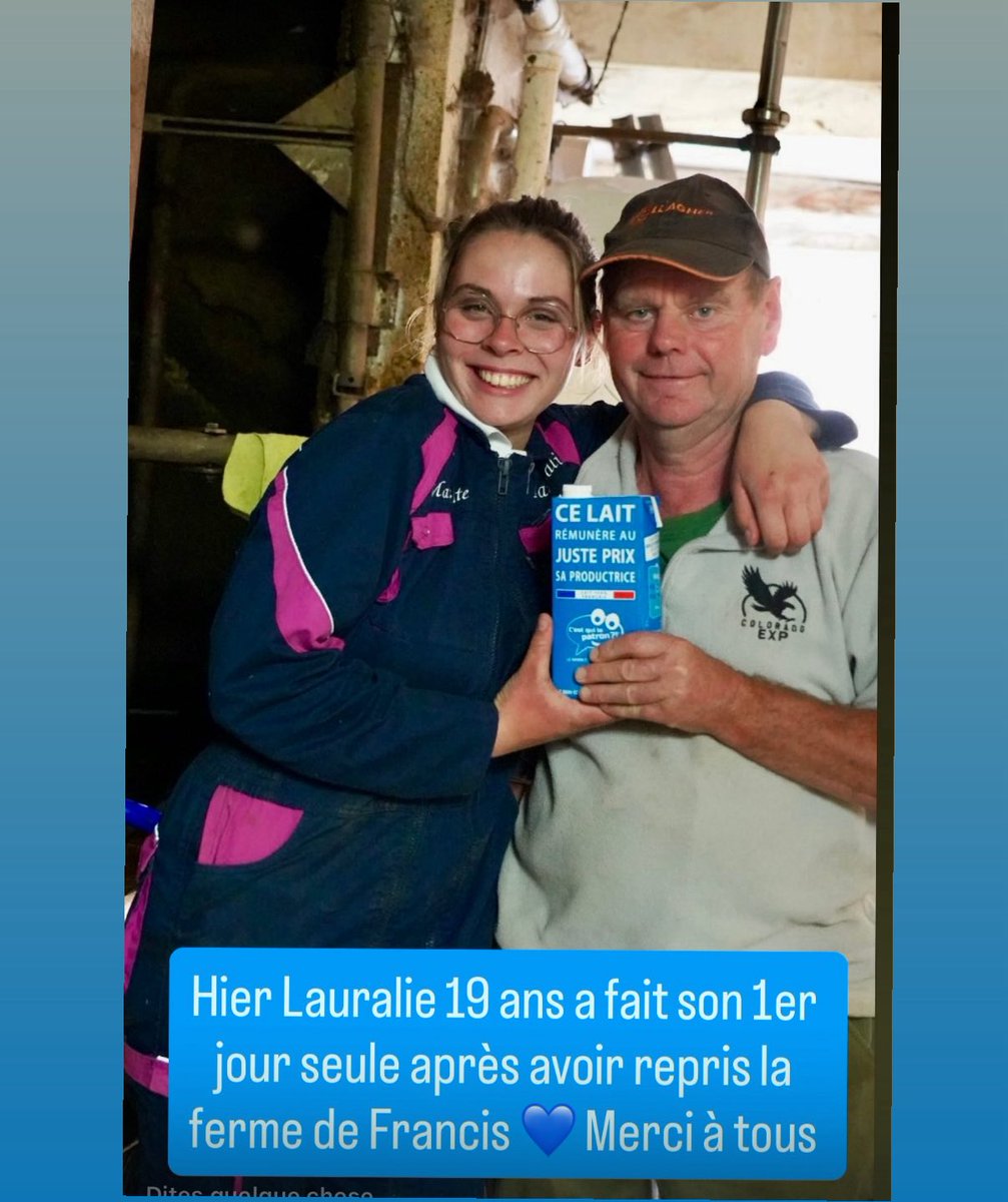 NicoChabanne's tweet image. LA PHOTO DE L’ANNÉE 💙 Merci à toutes et à tous pour votre soutien, une nouvelle génération peut désormais reprendre les fermes #SoutienAuxProducteurs #LePatronCestLConso

RP CQLP « Francis, producteur de lait depuis 40 ans, vient de céder sa ferme à Lauralie, sa belle-fille.…