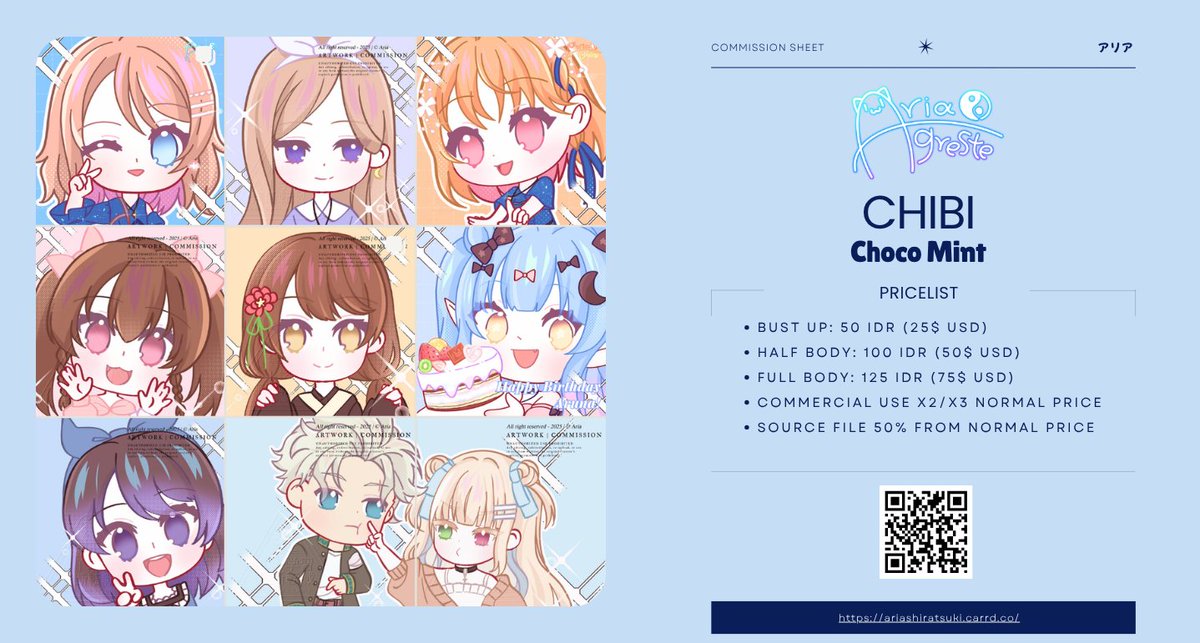 OPEN CHIBI COMMISSION 
[♡ + ↻ are very appreciated]

💌Please kindly dm me if you’re interested!

You can also check out my carrd for more info and samples: ariashiratsuki.carrd.co
VGen: vgen.co/auliaip 

#VGenComm #VGenOpen #VGen