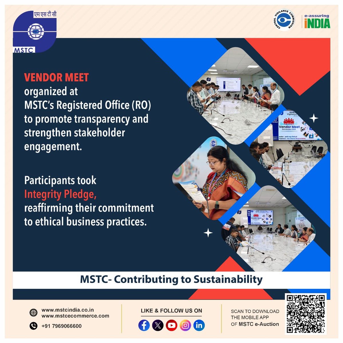 mstcindia's tweet image. VENDOR MEET organized at MSTC’s Registered Office (RO) to promote transparency and strengthen stakeholder engagement.

Participants took Integrity Pledge, reaffirming their commitment to ethical business practices.

#MSTCLtd #VendorMeet #Engagement 

@CVCIndia @SteelMinIndia…